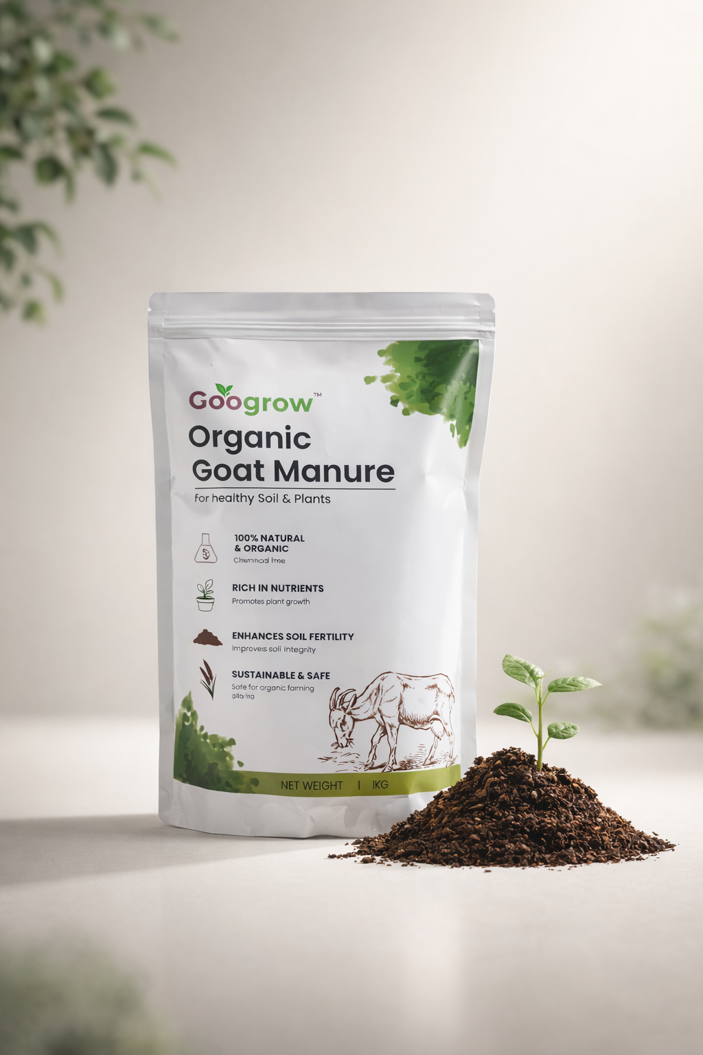 Bag of Googrow Organic Goat Manure on a light background with soil and plant